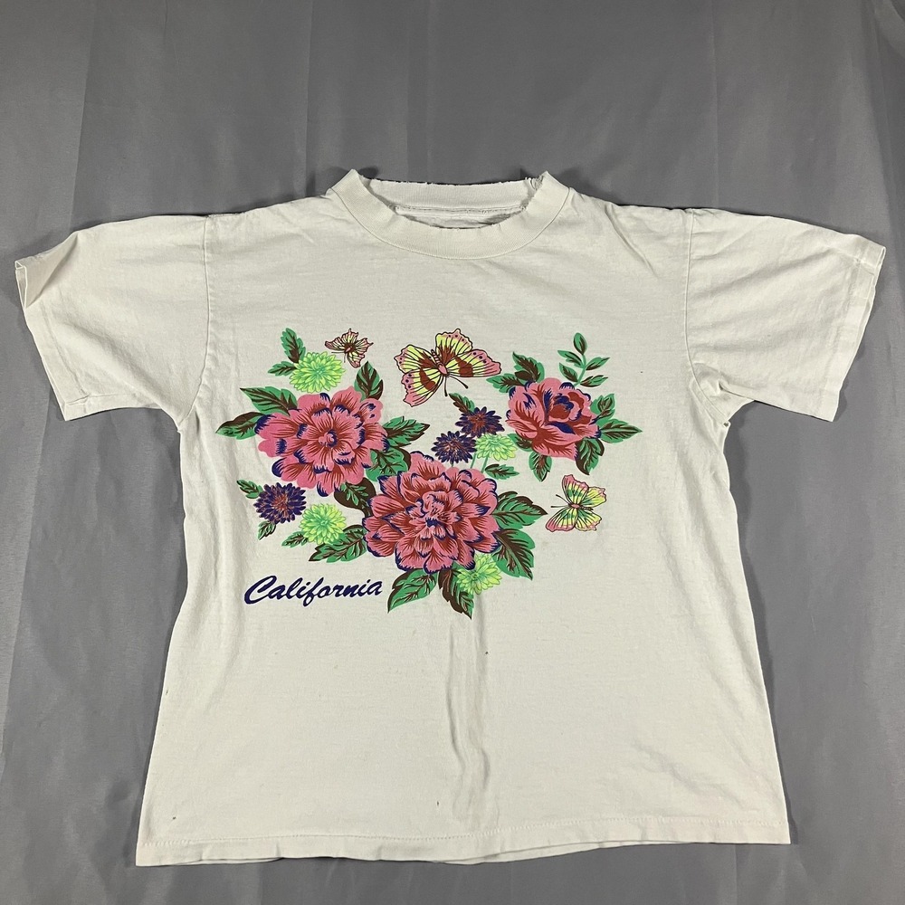 California Floral Butterfly Shirt Womens Medium‎ White Crewneck Graphic Tee Top